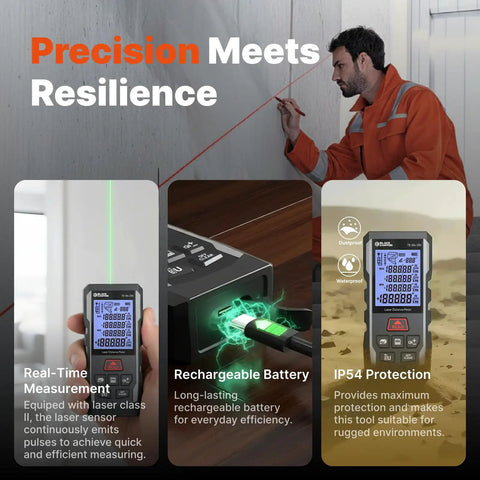 230 Foot Laser Distance Meter With Bright Green Beam And Smart Angle Tracking for precise measurements and rechargeable features.