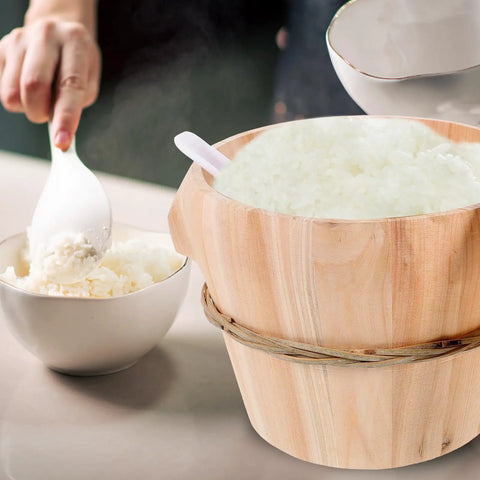 Kickin Flavor Infusion Starts With This Handmade Wooden Rice Steamer Bucket And Tight Fitting Lid Built On A Heavy Duty Stable Base Along With Heat Safe Handles For Daily Meal Prep with fluffy rice.
