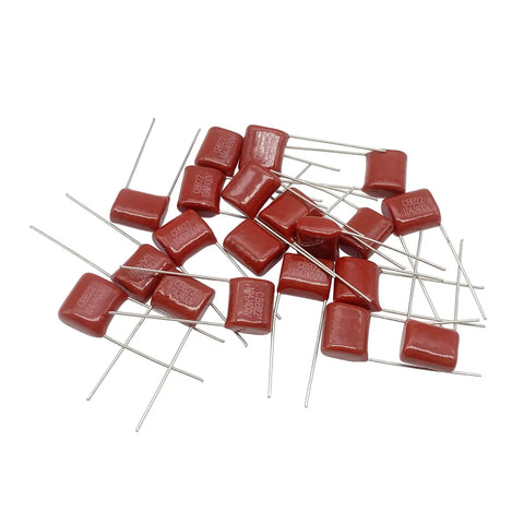 Heavy Duty CBB22 Capacitor Assortment Kit Packs Twenty 400V 0.1 Microfarad 104J red film components with metal leads.