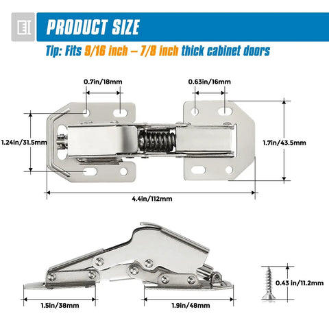 Slick Concealed Cabinet Hinges Featuring Heavy Duty Soft Close Mechanism thirty piece hardware set dimensions on image.