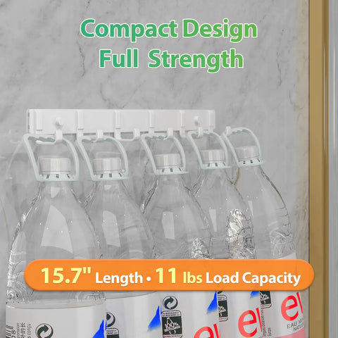 Heavy Duty Wall Mounted Coat Rack Set 3 Pack With Six Sturdy Hooks holding bottles, compact white design, marble background.