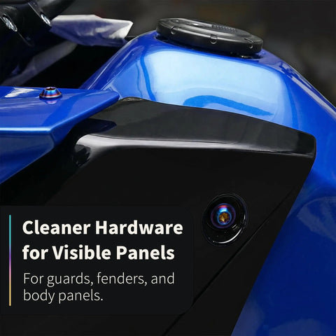 Heavy Duty Titanium Fasteners With A Slick Burnt Blue Finish M6 X 18mm Fully Threaded T30 Torx Button Head Screws on blue body panel.