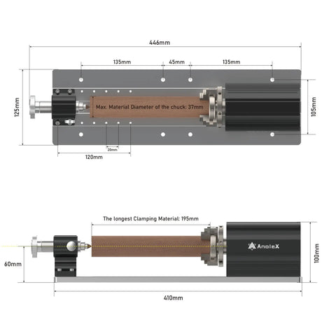 Diagrams of 4th Axis Rotary Module With Beefy Harmonic Reducer 50 To 1 For 4030 Evo Ultra Series, showing dimensions and clamping range.