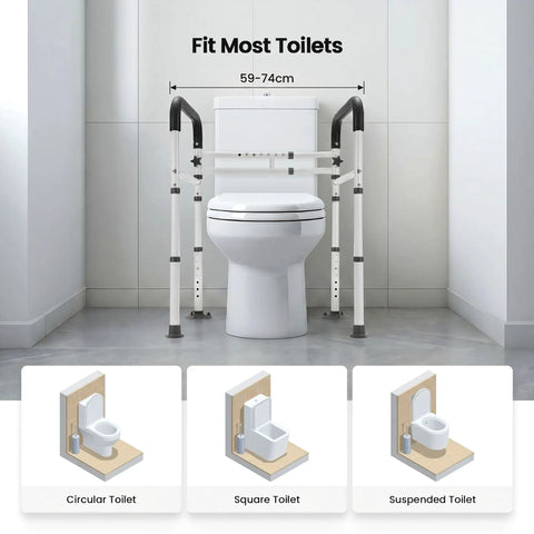 Rock Solid Toilet Safety Rails For Seniors With Dang Good Grip Handles And No Sweat Setup Bathroom Assist Frame next to a toilet.
