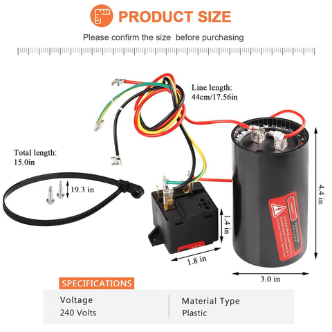 Diagram of Beast Mode Hard Start Kit for 4 To 5 Ton AC Units showing size, components, and specifications.