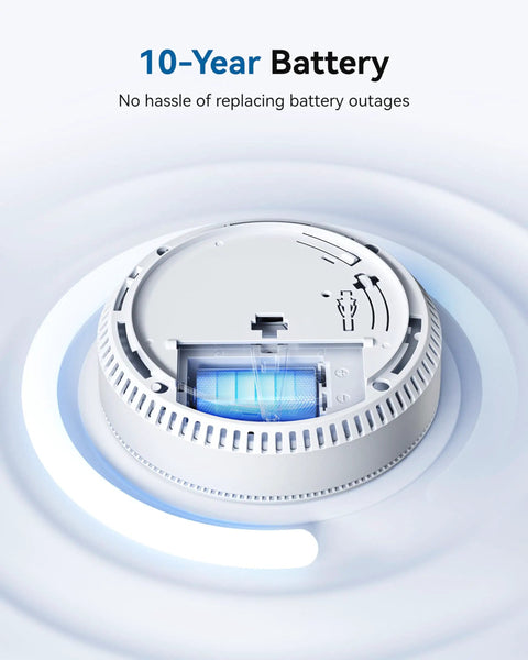 Close-up view of Dead Set Reliable Smoke Detector Featuring A Built In Ten Year Battery for home safety and protection.