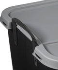Close-up of heavy duty 24 pack stackable storage bins 55 quart with molded soft grip handle and thick wall design.