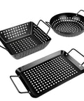 Small Nonstick 3 Piece Grill Basket Set For Vegetables Seafood And Meat Perfect For Grillin And Chillin BBQ On Charcoal Gas And Outdoor Grills Perforated Heavy Duty Grill Pan Easy To Clean Toss And Go showing rectangular, round, and square baskets with handles.
