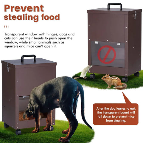 Rock Solid Gravity Dog Food Dispenser For Large Breed Pups 45 Lb Capacity with transparent window and pests, smooth wheels on grass.