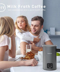 Family at breakfast table with 4 In 1 Milk Frother And Warmer With Stainless Steel Build And Touch Screen for coffee preparation.