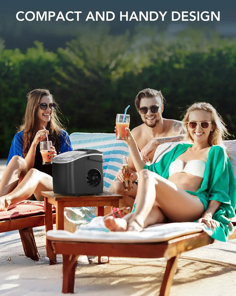 Three people relaxing by a pool with Dope Little Portable Countertop Ice Maker With Self Cleaning And Easy Carry Design on table.