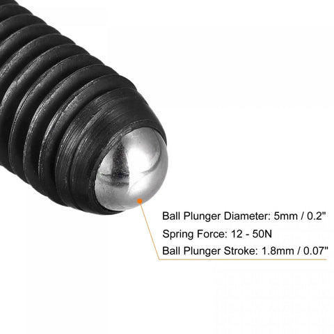 Close-up of Heavy Duty Five Pack M8 X 16mm Ball Spring Plunger Grub Screw with polished ball and rubber grip.
