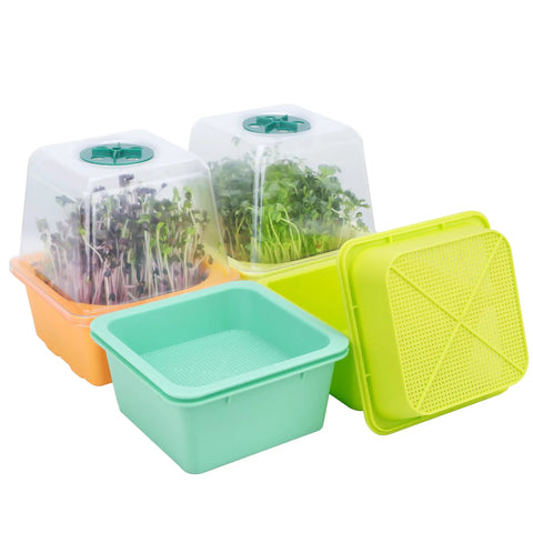 Four Pack Microgreen Sprouting Trays With Humidity Domes 5 By 5 Inches BPA Free 1.2mm Mesh Holes Sprouter Kit in use
