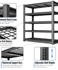 Knockout Heavy Duty Tote Storage Rack With Adjustable 5 Tier Garage Shelving showcasing thickened steel frame and adjustable shelf heights.