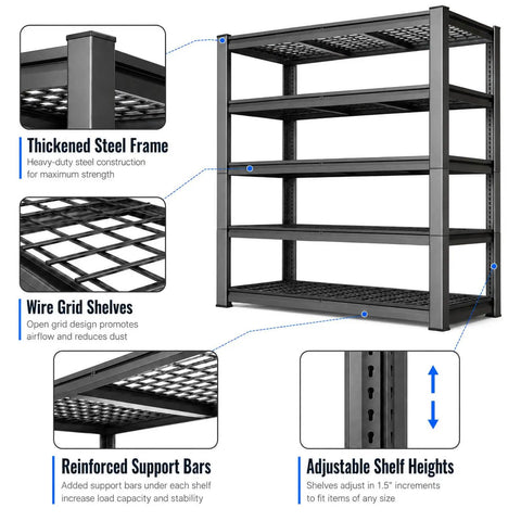 Knockout Heavy Duty Tote Storage Rack With Adjustable 5 Tier Garage Shelving showcasing thickened steel frame and adjustable shelf heights.