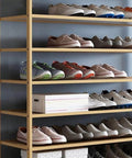 Vertical Shoe Rack With Reinforced Top Storage Box For Entryway Closet And Hallway Slim Space Saving Organizer Holds Up To 45 Pairs Of Kicks, showcasing sneakers and structured shelves.