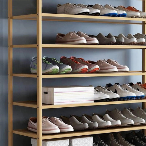 10 Tier Vertical Shoe Rack With Top Storage Box Narrow Shoe Storage Organizer For Entryway Hallway Closet Holds 45 Pairs Womens Kicks on shelves.
