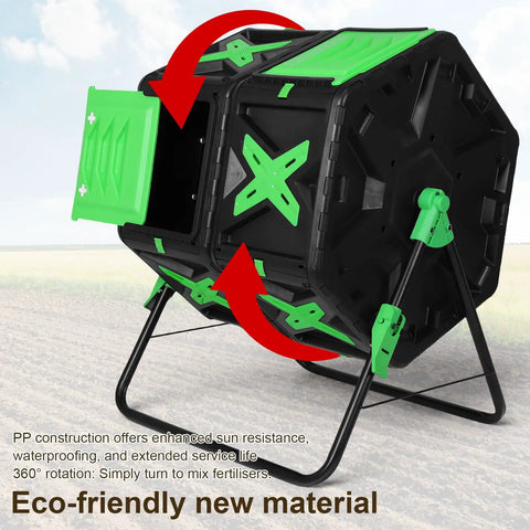 Heavy Duty Dual Chamber Rotating Compost Bin With 360 Degree Tumbling System And Sliding Doors No Fuss Setup Tumbler