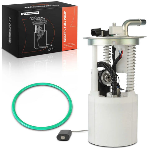Heavy Duty Electric Fuel Pump Module Assembly Featuring A Built In Pressure Sensor For Chevy Trailblazer And Gmc Envoy display with green hose and box.