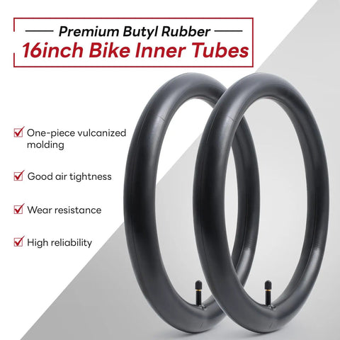Go To 16 Inch Bike Inner Tubes Pack with 2 Durable AV32mm Schrader Valve Tubes, displayed with features listed on side.