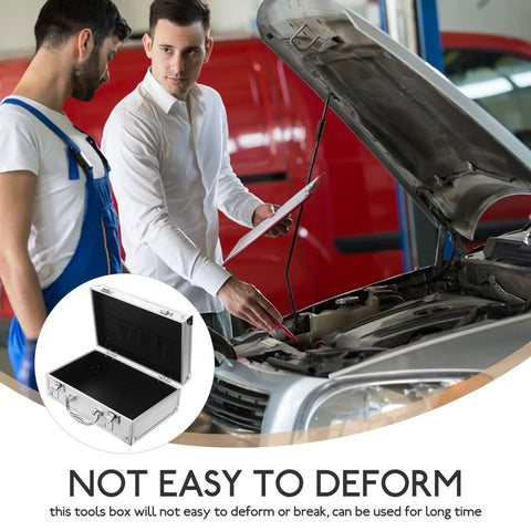Rugged Aluminum Alloy Tool Case With Sturdy Carry Handle For Mechanics And Weekend Warriors Solid Locking Design shown during vehicle maintenance.
