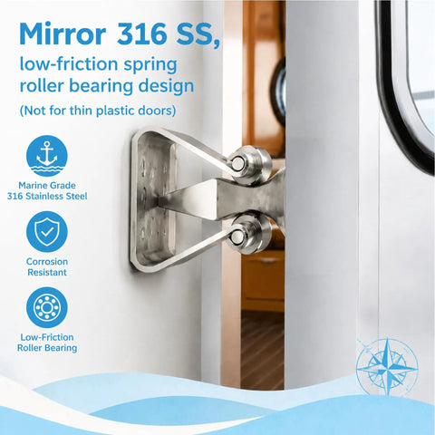 Heavy Duty Marine Door Catch Latch And Kickass Wall Shield Holder Built From Tough As Nails 316 Mirror Stainless Steel installed on cabinet.