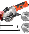 Heavy Duty Mini Circular Saw With Beefy 4 Amp Motor And Crisp Laser Sight For Dang Clean Cuts On PVC Laminate Drywall And 2x4s Featuring Slick Dust Collection Port showing laser guide and wood blades.