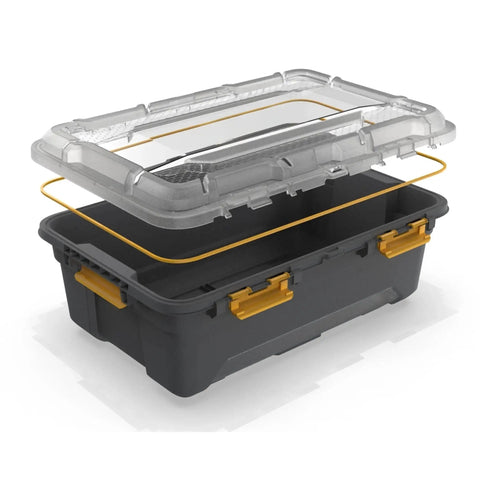Tough As Nails 12 Gallon Waterproof Storage Tote With Clear Polycarbonate Lid and Heavy Duty Latches, gray and transparent design.