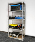 Built Tough Five Tier Storage Shelves With Thick Durable Mdf Boards And Reinforced Steel Frame Fully Adjustable Heavy Duty Shelving Unit For Garage Kitchen Or Office Rock Solid Silver Rack filled with various toolboxes and bins.