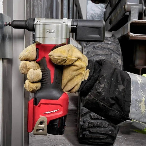 Badass Heavy Duty Cordless Rivet Gun Kit With 10.75 Inch Torque And 450 Steel Rivets Eats Up To 3/16 Stainless Steel Fasteners in use on metal.