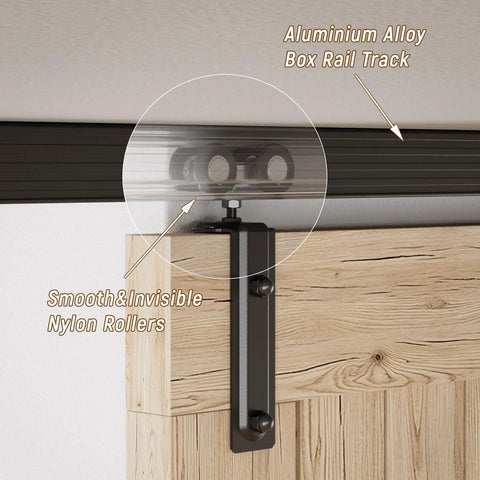 8Ft Ceiling Mount Box Rail Barn Door Hardware Kit With Heavy Duty Aluminum Sliding Track And Matte Black Finish, detailing smooth nylon rollers.