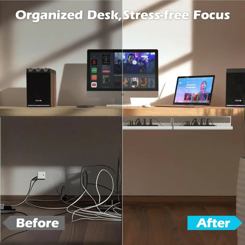 Before and after comparison using Under Desk Cable Management Kit 26 Piece Hexagonal Ventilated Design to organize power cables.
