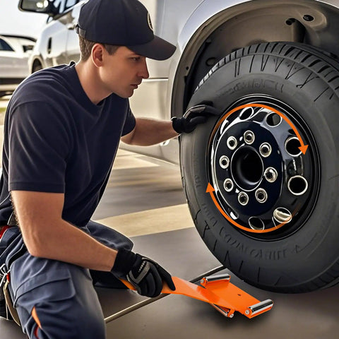 Man using Heavy Duty Adjustable Tire Dolly For Slick Wheel Rolling And Quick Lug Alignment With Steel Base on car wheel.
