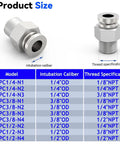 304 Stainless Steel 6 Pack Heavy Duty Push To Connect Pneumatic Fittings, 3/8 Inch OD Tube To 3/8 Inch NPT Thread shown with specifications table