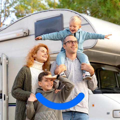 Family enjoying camping near RV with Rv Inline Water Filter For Campers And Garden Hoses Nsf 42 Certified  multi-stage filter.