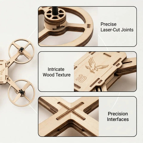 Close-up of DIY Wooden RC Drone Kit for Adults and Beginners Build Your Own Quadcopter with Gyroscope Remote Control 3D Building Blocks.