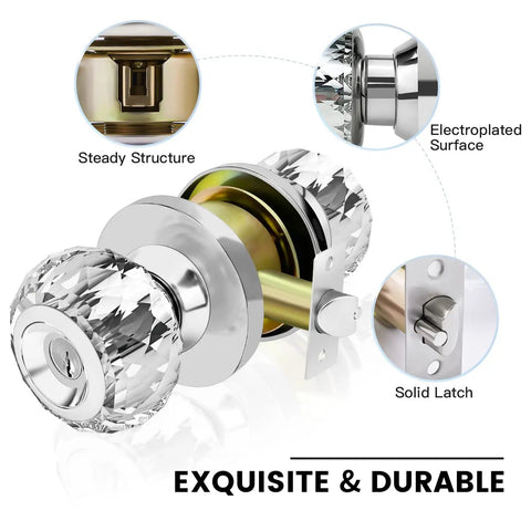 Classic Crystal Door Knobs Three Pack Keyed Alike Privacy Lockset With Lock And Keys For Bedroom And Bathroom Satin Nickel Finish