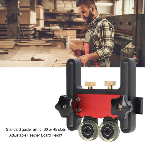Rock Solid Table Saw Roller Extension Kit With Aluminum Alloy Frame And Cushioned Pu Wheels For Zero Fuss Setup And Smooth Glide featuring adjustable feather board height for standard guide rail.