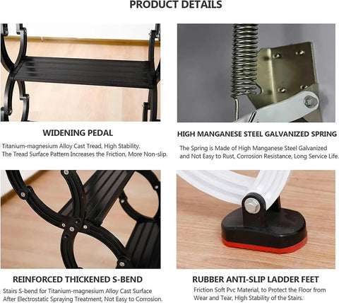 Rock Solid Aluminum Alloy Pull Down Attic Ladder Built Tough Motorized Stealth Loft Stairs shown with features like widened pedal and anti-slip feet.