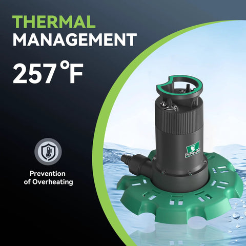 Automatic Submersible Pool Cover Pump 110V One Quarter HP 2800 GPH with green base and overheating prevention feature