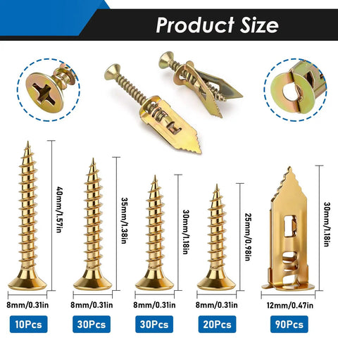 Heavy Duty Self Drilling Drywall Anchors With Screws Kit 180 Pack Zinc Plated Steel Expansion Bolts sizes shown, including large and small options.