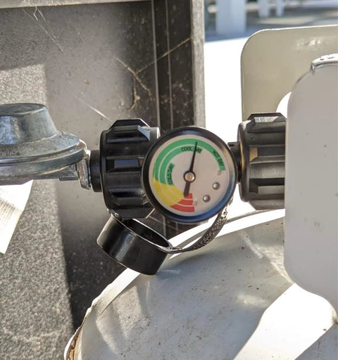 Three Color Coded Propane Tank Gauge Universal for 5 to 40 Pound LP Tanks with QCC1 Type 1 Connection installed on tank.