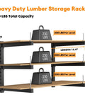 Image of Heavy Duty Lumber Storage Rack Wall Mount With Steel Shelves And Wall Organizer For Garage Shed Workshop Indoor Outdoor Use Supports Up To 690 Lbs Total Load, showing three levels with weight indicators.
