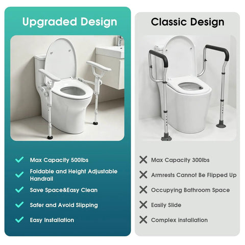 Rock Solid Foldable Toilet Safety Rail For Seniors Crafted From Heavy Duty Aluminum Reinforced With Tough As Nails Carbon Frame Holding Five Hundred Pounds Smooth Bathroom Assist beside toilet, showcasing upgraded and classic designs.