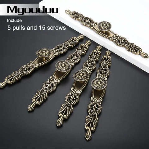 Vintage Antique Bronze Cabinet Pulls 10.2 Inch 5 Piece Set Sweet Hardware For Rad Kitchen Reno and Bathroom Refresh Top Tier with intricate designs and screws.