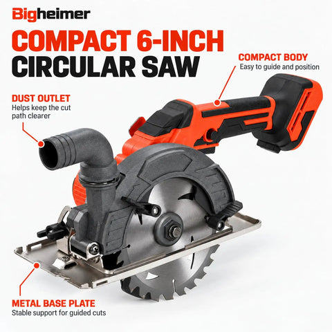Compact Brushless Circular Saw Kit With Dual Six Inch Blades And Rip Guide Made For Heavy Duty Cordless Cuts Built Different With Straight Fire Cutting Power And Sweet Kickback Control For Pro Crews with metal base plate and dust outlet