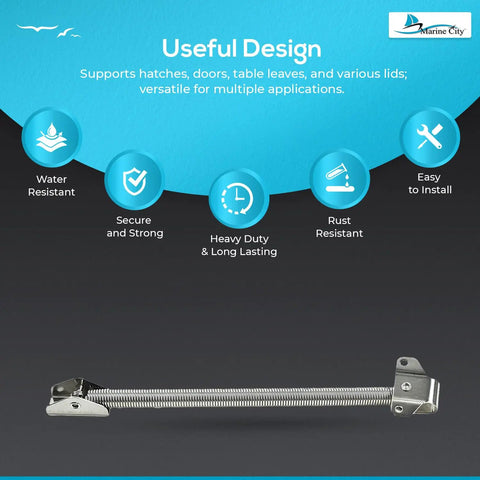 304 Stainless Steel Hatch Lid Support Spring Holder with icons for design features and water-resistant qualities