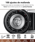 Heavy Duty 64mm Flat Burr Coffee Grinder With 100 Precision Settings For Electric Espresso Beans Single Dose Anti Static Shell All Metal Stainless Steel Chassis Ultra Quiet gear showing grind settings from fine to coarse.