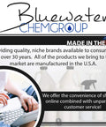 Bluewater Chemgroup logo with text on products made in the USA and a hand typing on a laptop, featuring various product bottles.