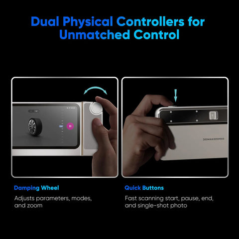 Dual physical controllers on the Completely Standalone Handheld 3D Scanner Boasting 48MP Full Color Capture for easy control.